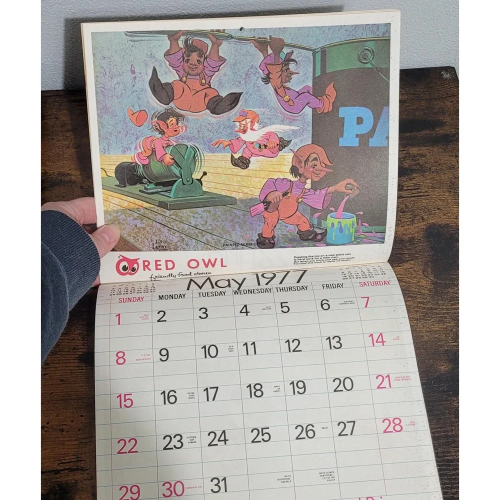 Vintage 1977‎ Red Owl Childrens Calendar 12 Month Elves Wall Calendar Art